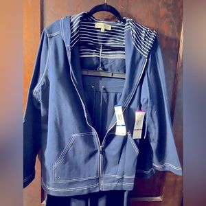 Cotton drawstring pants. Zip jacket with hood. Each piece originally $55.